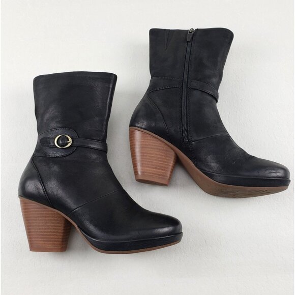 Dansko Marietta Chunky Mid Calf Boot Womens 7.5-8 38 Black Leather Side Zip Heel - Picture 1 of 12